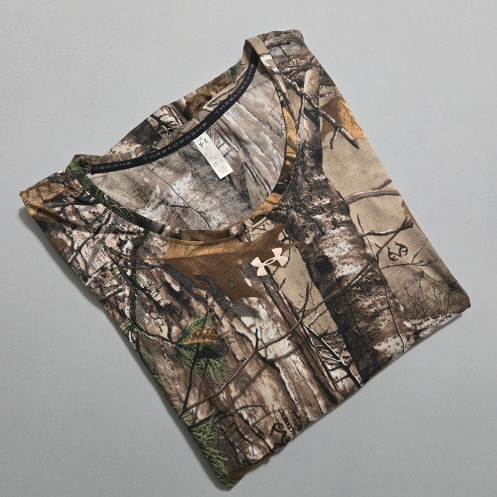 Under Armour Realtree Camo Long Sleeve Shirt Women XL Brown HeatGear Threadborne